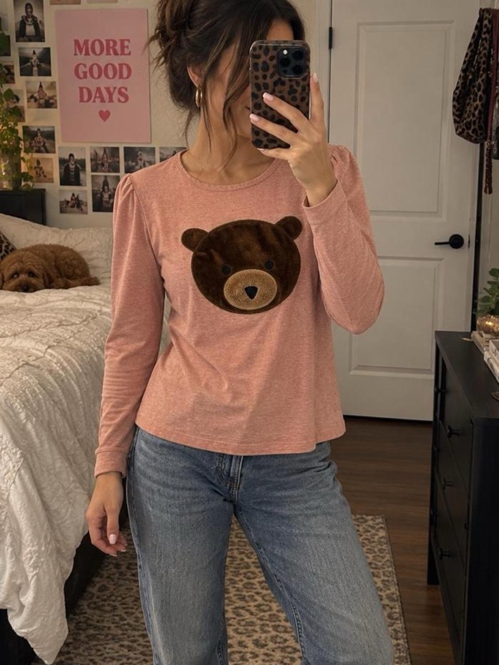 Dusty Rose Long-Sleeve Tee with Brown Bear Appliqué